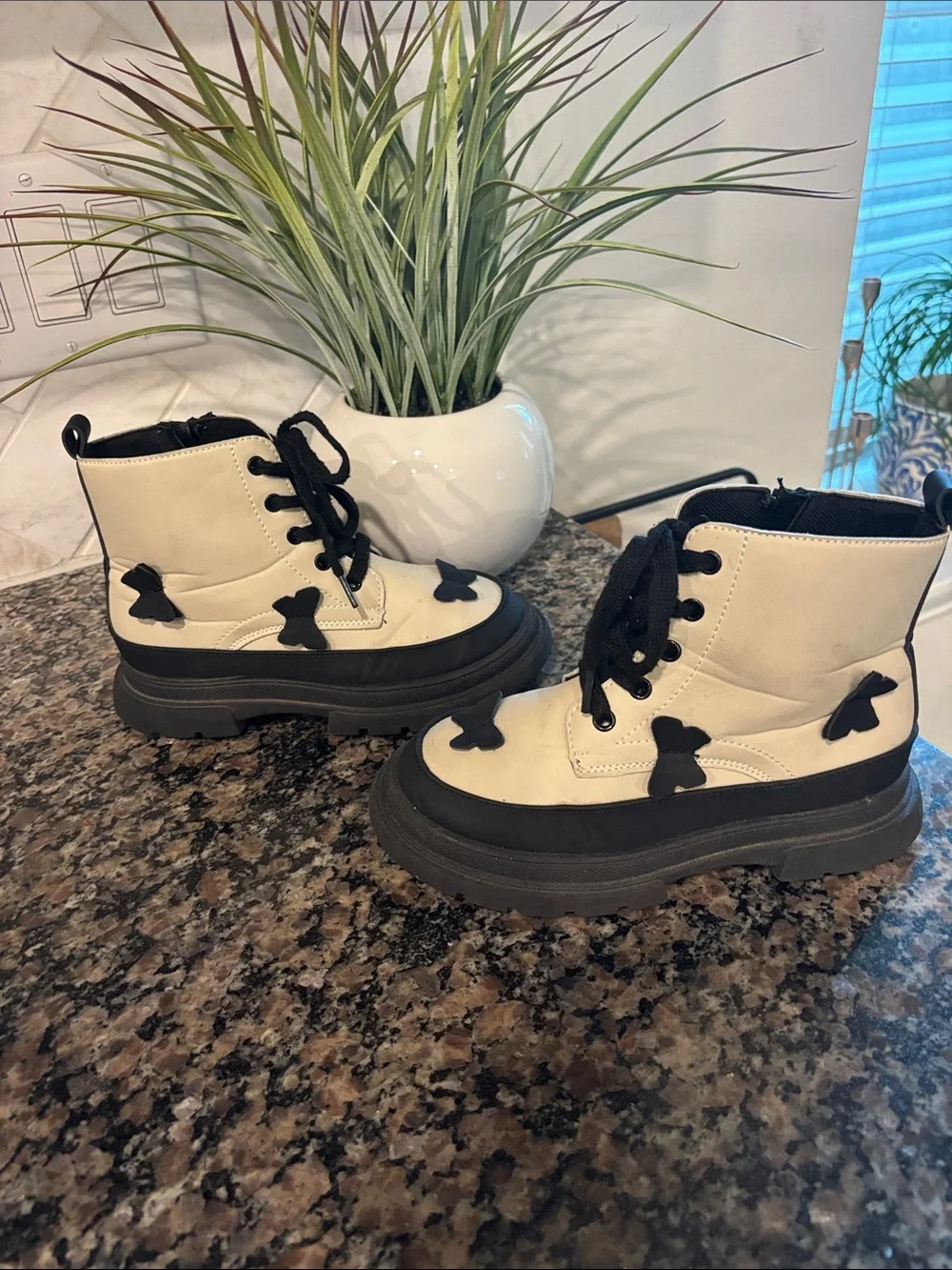Kids Cream and Black Lace-Up Platform Boots